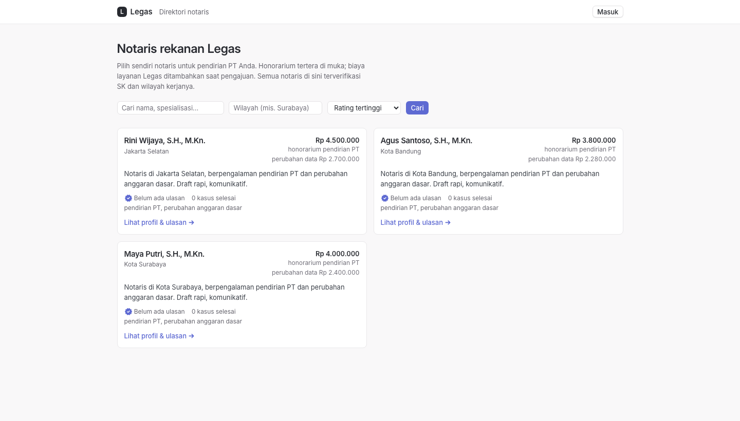 Direktori notaris Legas: kartu notaris dengan wilayah, honorarium pendirian dan perubahan data, ulasan, dan tautan profil.